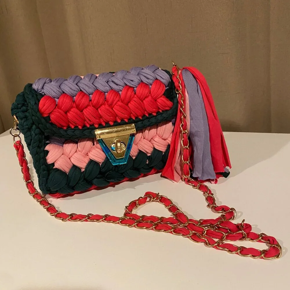 Colorful‎ Braided Crochet Shoulder Purse  Handmade Summer Bag 7x8